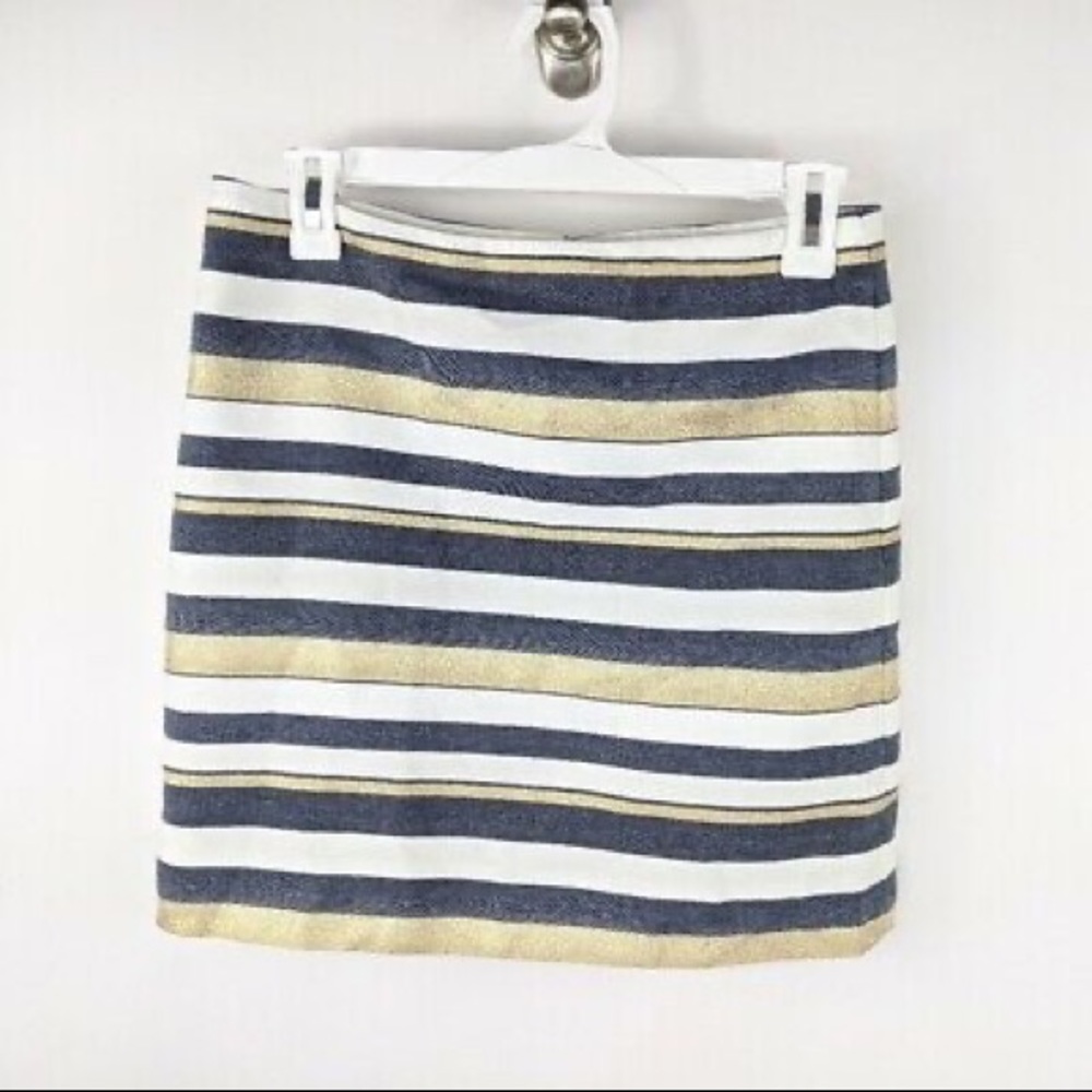 J. Crew Gold, White, & Blue Shiny Striped Mini Skirt, Size 2